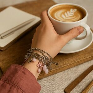 🌸 Silver Bracelet with Pink Charms – Elegant Boho Gift Jewelry